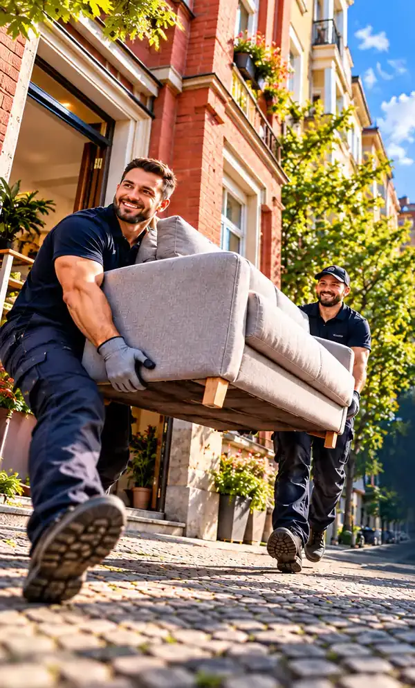 Illustration: Zwei Helfer tragen ein Sofa aus dem Haus